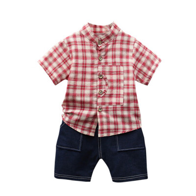 

Summer Baby Boys Short Sleeve Plaid Print Tops Blouse T-shirtShorts Children Casual Outfits Sets