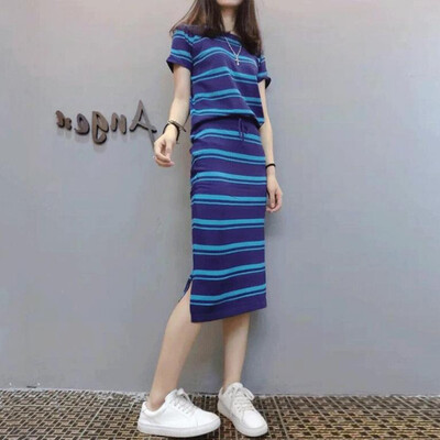 

2 piece set knitted Women short sleeve o-neck top skirts for female tops Skirts two pieces sets womens suits Elegant Striped