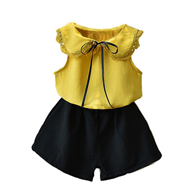 

Baby girl clothes set summer sleeveless doll collar shirt bow-knot tieshorts children girl set two color