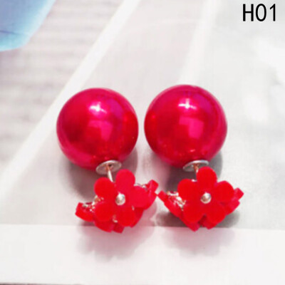 

Fashion Women Jewelry Double Sided Pearl Daisy Earrings Big Ball Beads Ear Stud