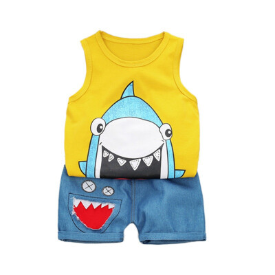 

Cotton Summer Casual Children Cartoon Print Cute SMLXL Sleeveless Garment And Pant Kit Kids Two-piece Outfit Set