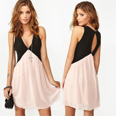 

Women dresses Deep V-neck Stitching Sexy Trendy Girl Back Hollow Chiffon Vest Sleeveless Dress