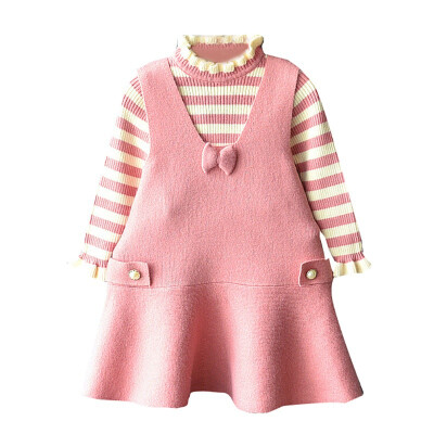 

Autumn Baby Girl Cute Long Sleeve Striped Print Sweater BlouseStrap Dress Casual Outfits Set