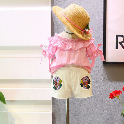 

T-shirt Embroidery Flower Shorts Baby Girl Clothes Set 2PCS Girls T-shirt Shorts Baby Clothes Beach Shorts