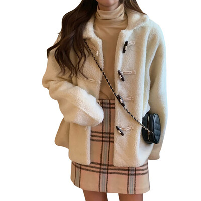 

Loose Winter Jacket Women Versatile Solid Color Imitation Lamb Fur Coat Female Autumn Winter Warm Buckle Outwearw