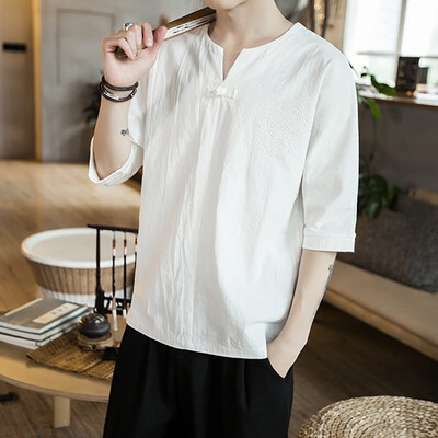 

Toponeto Mens Vintage Baggy Cotton Linen Solid Half Sleeve Retro T Shirts Tops Blouse
