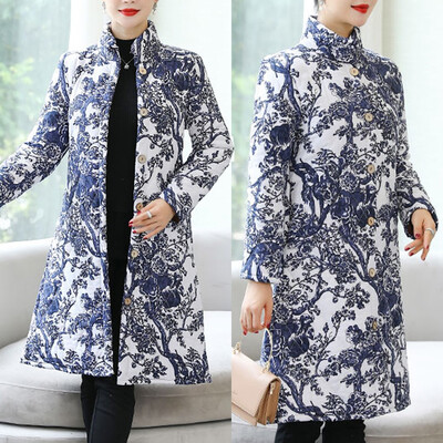 

Tailored Fashion Women Round Collar Warm Retro Printing Top Long Sleeve Blouse Loose Coat