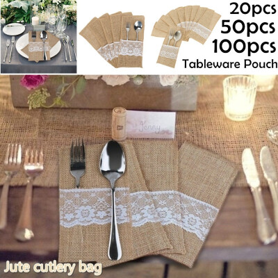 

2050100PCS Hessian Burlap Lace Jute Wedding Tableware Pouch Cutlery Holder Bag Party Decor