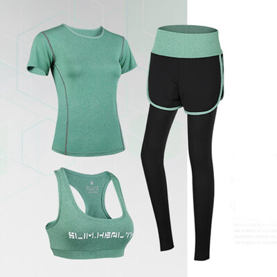 

Gym 3 Piece Set Elastic Short Sleeve Fitness Tops Trousers&Bra Summer Autumn Breathable Sports Sets For Women