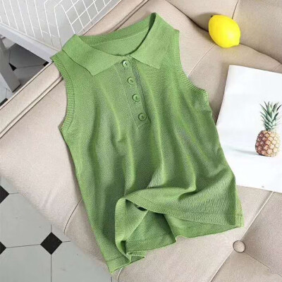 

Summer Lapel Tank Top For Women Sweet Candy Color Lapel Solid Color Joker Slim Knitted Tank Top Breathable Tank Top