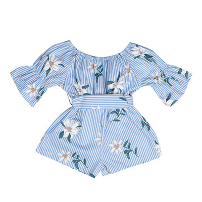 

Summer Casual Fashion Childrens Jumpsuits Baby Girl Strap Floral Bowknot Half Sleeve Rompers