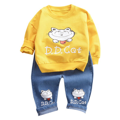 

New Autumn Children Boys Set Baby Clothing Long Sleeve Cartoon Cat Print T-Shirt TopsDenim Pants Trouser Clothes Set 6-48M