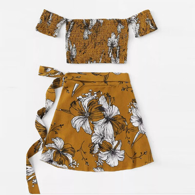 

Summer Womens Skirt Fashion Small Fresh Print Mini Skirt Short Top Set Bohemian Vacation Beach Casual Wind Skirt Set