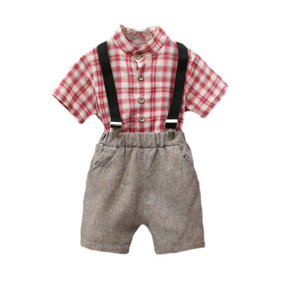 

kid clothes Summer boys clothes Short Sleeve Plaid Print Tops T-shirtStrap Shorts Suspenders Fashion Clothing Sets