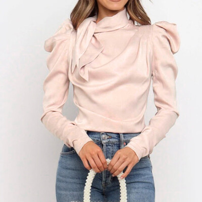 

Gobestart Women Winter Warm O-Neck Long-sleeved Ruffle Bow Tie Top Casual Blouse Tops