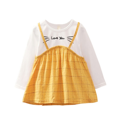 

Newborn Baby Girl Dress Spring Long-Sleeved Fake Two Suspenders Cartoon Baby Dress Girl Clothes Baby Dress