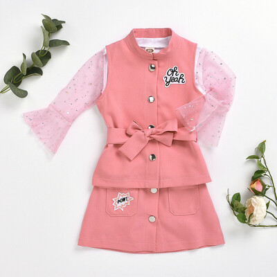 

3PCS Toddler Baby Kids Girls Set Vest Coat Lace Tops T-shirt Skirts Outfits