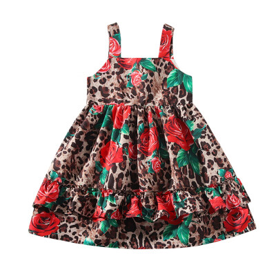 

Summer Casual Fashion Baby Girl Sleeveless Leopard Flower Printing Princess Dress Kids Clothing