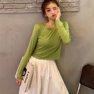 

Korean Style Round Neck Top Solid Color Exposed Navel Casual Wild Long-sleeved T-shirt Red