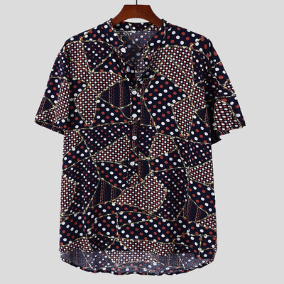 

Tailored Mens Ethnic Printed Stand Collar Colorful Stripe Short Sleeve Loose Shirt
