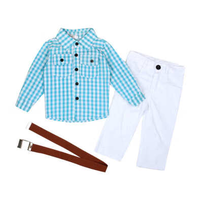 

2018 New Style Baby Boys Fashion Clothes Set Kids Plaid Pattern Long Sleeves Tops Long Pants Belt 3Pcs Set