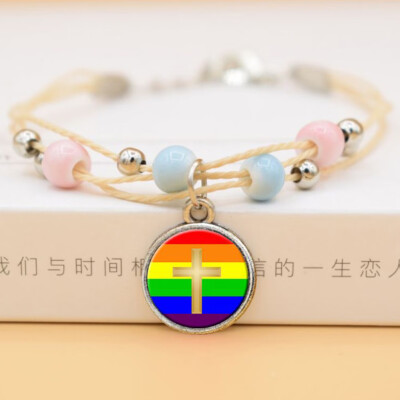 

New Hand Make Bead Cross Gay Pride Rainbow Ceramics Pendent Bracelet Jewelry