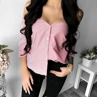 

Womens Blouse Autumn Sexy Stripe Print Slash Neck Long Sleeve Off Shoulder Plus Size Pink Blue Shirts blusas mujer de moda 2019