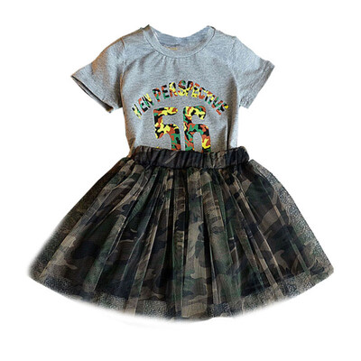 

2Pcsset Children Girls Casual Summer Letter Print Short Sleeve T-shirtCamouflage Mesh Skirts Suits Costume Skirts Set