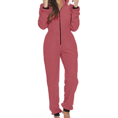 

Women Zipper Hooded Jumpsuits Christmas Clown Hat Home Plush Jumpsuit Rompers