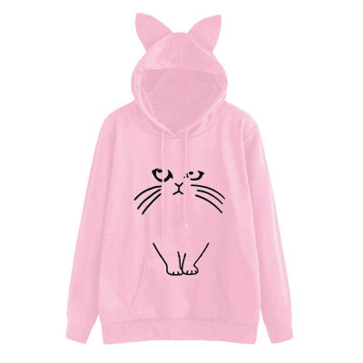 

Women Cat Ear Hooded Coat Cat Printed Autumn Long Sleeve Pullovers Female Fashion Outwear