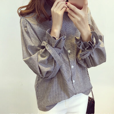 

Striped Pattern Bow Women Blouse Korean Style Gray Lapel Lantern Sleeve Shirt Autumn Winter New