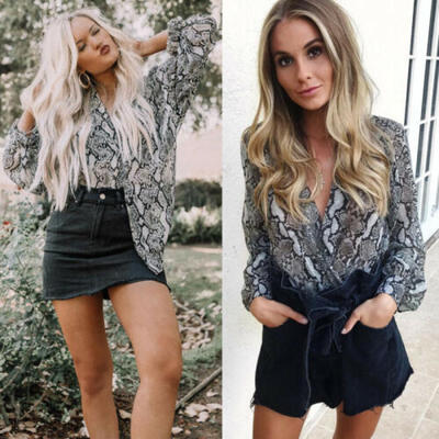 

Womens Summer Long Sleeve V-neck Snake Print Loose Tops T-Shirt Casual Blouse