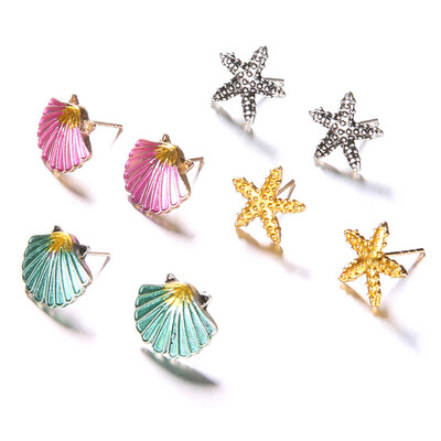 

New Elegant Fashion Stud Earrings for Women Starfish Seashell Symmetry Geometric Earrings Set