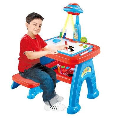 

Kids Standing Art Easel With Projection Height Adjustable Magnetic Alphabet Numbers Dry Erase Board Blue