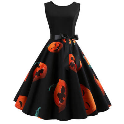 

Christmas Halloween Dress Pumpkin Head Print Big swing Sexy Dress Retro Sleeveless Dress