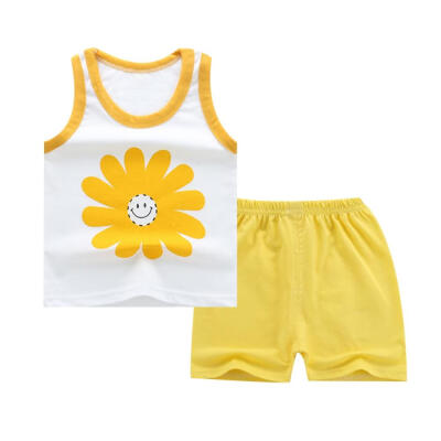 

Summer Cotton Kids Casual Outfits Set-Sleeveless Cartoon Printed T-shirt And Pure Colored Short Pants 2-7T