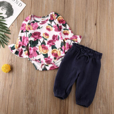 

UK 2PCS Newborn Baby Girl Clothes Top Romper Flower Pants Tracksuit Outfit 0-18M
