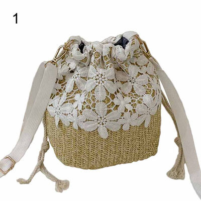 

Fashion Women Floral Lace Woven Drawstring Beach Crossbody Shoulder Bucket Bag