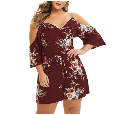 

Gobestart Plus Size Women V-Neck Cold Shouder Camis Short Sleeve Printed Jumpsuit Bodysuit