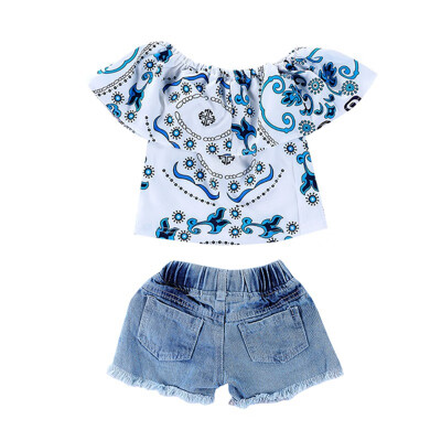 

Kids Girls Clothes Summer Girls Clothing Set Vintage Pattern Tops Short Sleeve T-shirt Casual Worn Denim Shorts Clothes Set