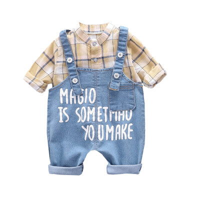 

New Autumn Baby Boy Clothes 0-3T Shirt Denim Bib Pants 2pcs Boy Set Fashion Cotton Letter Printing Plaid Pattern Children Set