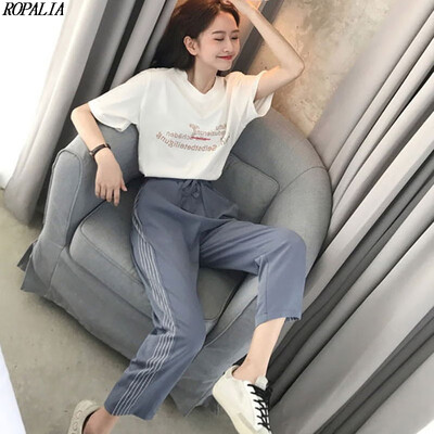

Womens Fashion Short Sleeves O-Neck Letter Print Top And WaistDrawstring Ankle-Length Striped Print Pants 2 Pieces Set