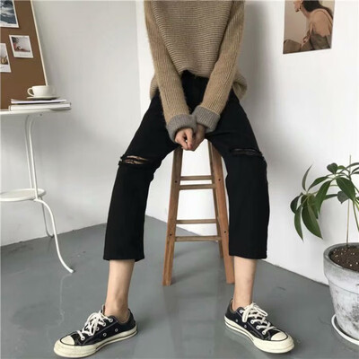 

High Waist Jeans Loose Style Black Women Ripped Jeans Korean Style Fashion New Ankle-length Harem Pants