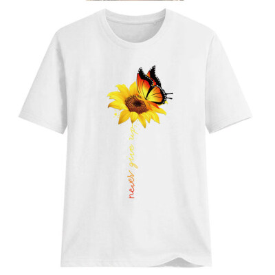 

Never Give Up Letter Butterfly Sunflower Short Sleeve T-Shirt Women Summer Top