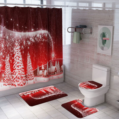 

Christmas Print Shower Curtain Carpet Mat Combination Bathroom Toilet Mat Bathroom Curtain Set 4 Piece Set