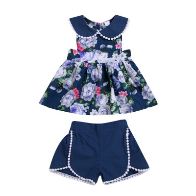 

Summer Baby Girls Casual Sleeveless Floral Print T-shirt Dress TopsShorts Suits Costume Set