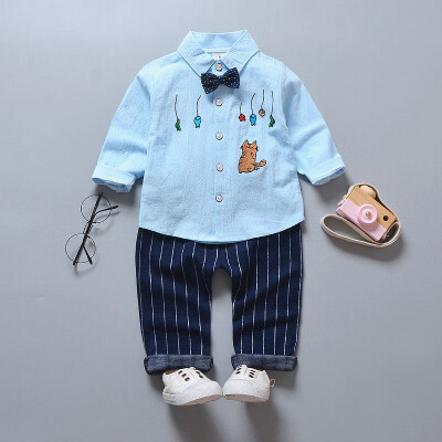 

2pcs Baby Clothes Boy Girl HandsomeLong Sleeve Lapel T-shirt Cat Pattern Concise Casual Striped Long Pants Kids Set