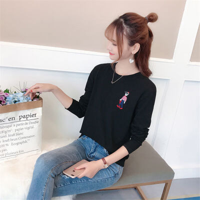 

Womens T-shirt Cartoon Print Pullover Round Neck Long-sleeved Casual T-shirt Tops