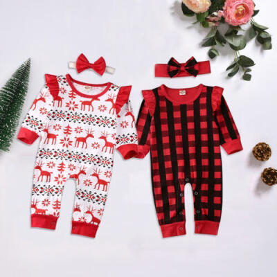 

US My 1st Christmas Baby Girl Plaids Deer Print Romper Jumpsuit Xmas Clothes Set