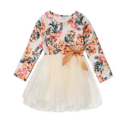 

Spring Autumn Casual Fashion Cute Baby Girl Bow Floral Printing Long Sleeve Mesh Princess Dress Kids unicorn Dresses For Girls